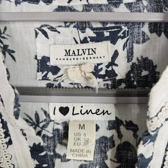 Women's MALVIN I Love Linen Tunic Top size M 8 NAVY BLUE & WHITE Floral Boho LS - Picture 5 of 8